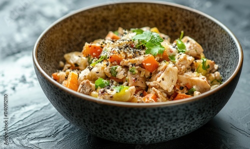 A bowl of food with meat and vegetables