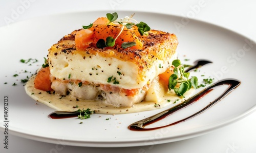 A plate of food with a white sauce and a garnish of parsley