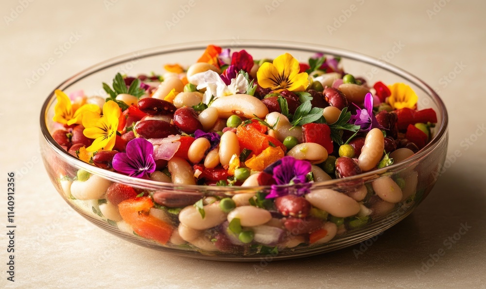 A bowl of mixed beans and vegetables with flowers in it A bowl of mixed beans and vegetables with flowers in it