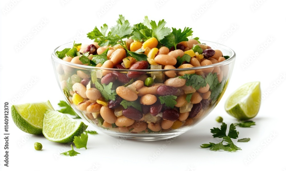 A bowl of beans and corn with a lime on the side A bowl of beans and corn with a lime on the side