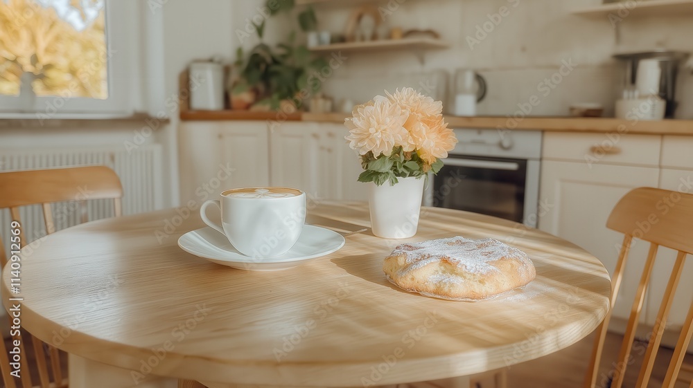Fototapeta premium Warm cappuccino and a delicious pastry resting on a wooden kitchen table, basking in sunlight next to orange dahlias, create a cozy breakfast scene
