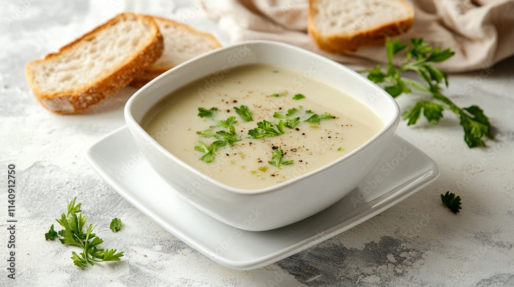 Soups in white plates, borscht, kharcho, rassolnik on a white background Soups in white plates, borscht, kharcho, rassolnik on a white background