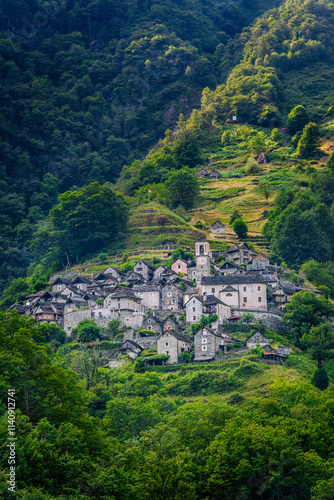 Corippo vilage on the slopes of the Verzasca valley during sunset, Switzerland