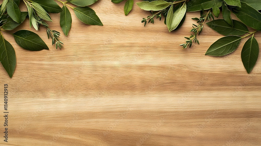 A close-up of a wooden board with green leaves on both ends is displayed below A close-up of a wooden board with green leaves on both ends is displayed below