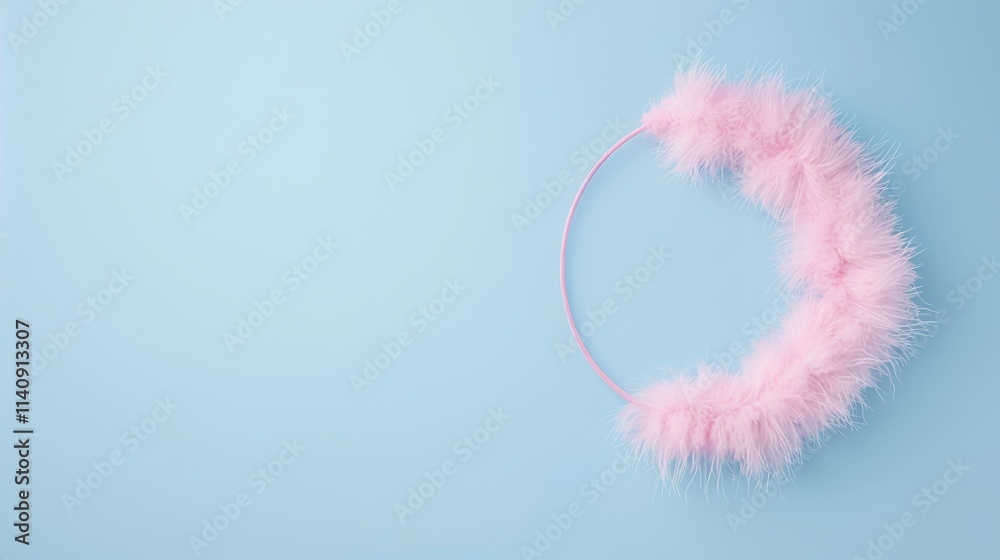 Naklejka premium Pink feather headband on blue background, fluffy hair accessory, minimalist studio shot, ample copy space on left, soft and delicate design, pastel color palette, simple and clean aesthetic, top down 