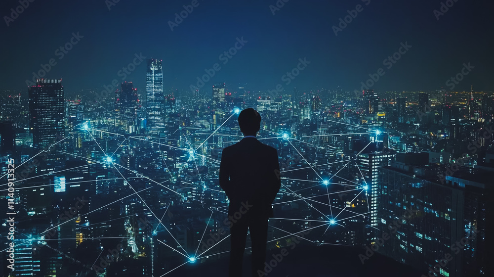 Abstract businessman stands on the peak of success Smart digital city with connection cyber security network reciprocity over the cityscape future wireless digital city and social media networking

