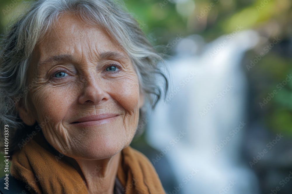 An elderly woman stands near a serene waterfall, smiling peacefully, as the gentle sound of flowing water creates a calming backdrop in a lush green environment. An elderly woman stands near a serene waterfall, smiling peacefully, as the gentle sound of flowing water creates a calming backdrop in a lush green environment.