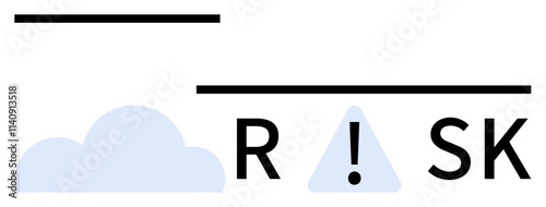 Cloud icon and the word RISK with an exclamation mark replacing the I. Ideal for cybersecurity, finance, business strategy, insurance, technology, safety, project planning. Line metaphor