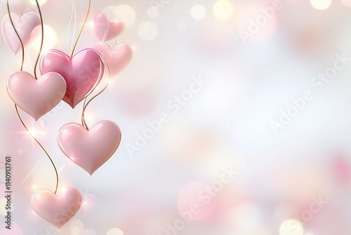 Pink Heart Balloons With Glowing Strings on Soft Background. Romantic and Festive Design for Valentine’s Day. Gentle Floating Hearts With Sparkling Light. Symbol of Love and Affection. AI generated