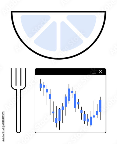 Fork, lemon slice, and stock market graph in a single frame, merging culinary and financial themes. Ideal for finance, food industry, creative marketing, restaurant business, investment health
