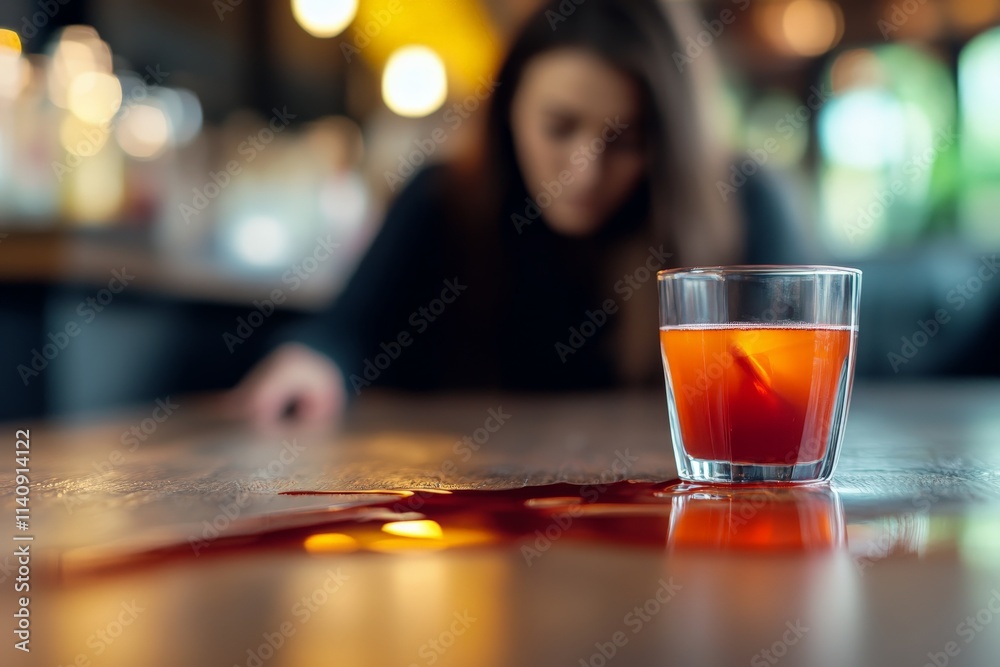 A dramatic scene showing a spilled drink on a bar table, capturing a moment of chaos and contemplation, evoking emotions of loss and reflection in an intimate setting. A dramatic scene showing a spilled drink on a bar table, capturing a moment of chaos and contemplation, evoking emotions of loss and reflection in an intimate setting.