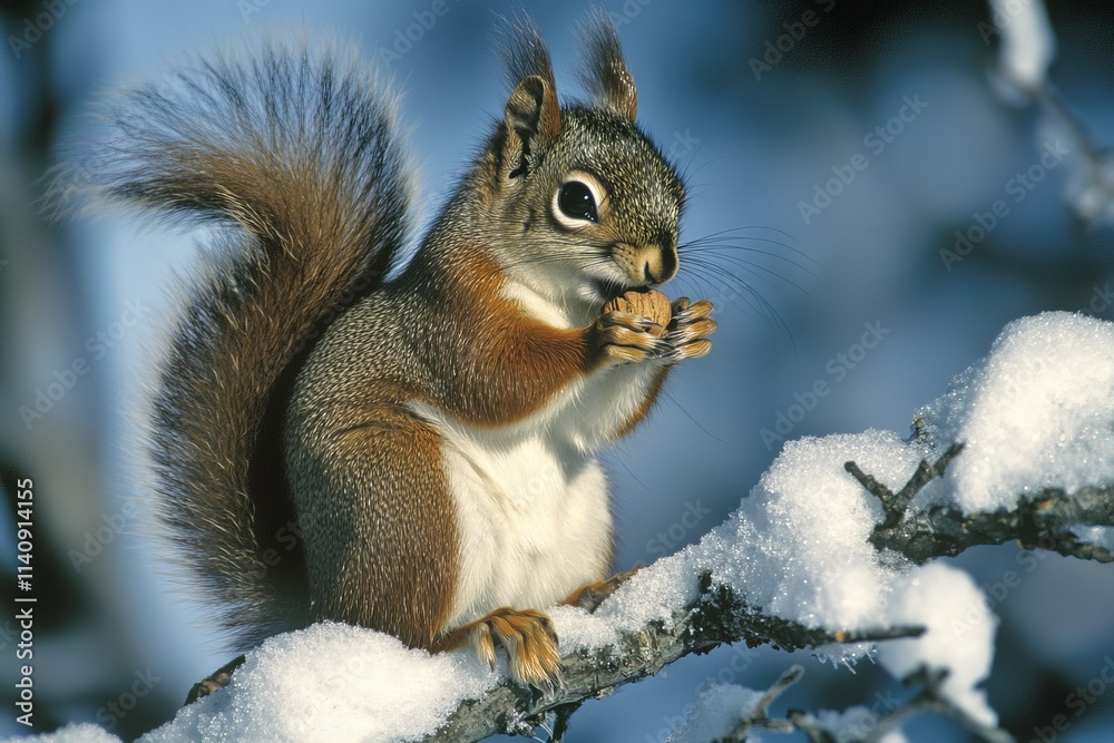 A cute squirrel munching on a nut while perched on a snow-covered branch, showcasing the beauty of wildlife in a serene winter setting filled with fresh snowflakes. A cute squirrel munching on a nut while perched on a snow-covered branch, showcasing the beauty of wildlife in a serene winter setting filled with fresh snowflakes.