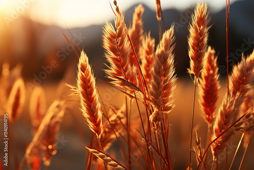 Behold the wondrous spectacle of nature's endless beauty, as the early sunset bathes the high grass in golden hues, creating a scene of serene splendor photo