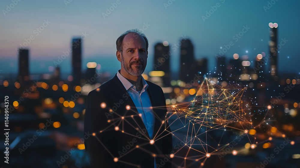 Fototapeta premium Abstract businessman stands on the peak of success Smart digital city with connection cyber security network reciprocity over the cityscape future wireless digital city and social media networking