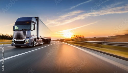 Semi-truck speeding down highway at sunset.