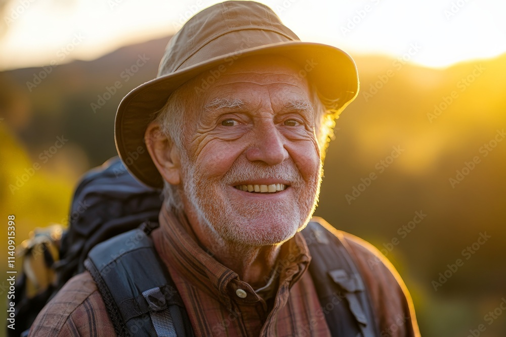 A cheerful elderly man with a brimming smile and a sun hat stands in a glowing sunset scene, embodying the spirit of adventure and appreciation for life's beautiful moments.