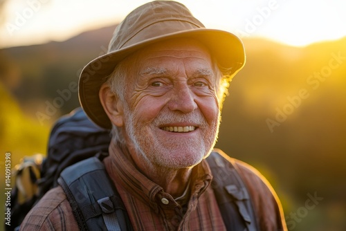 A cheerful elderly man with a brimming smile and a sun hat stands in a glowing sunset scene, embodying the spirit of adventure and appreciation for life's beautiful moments.