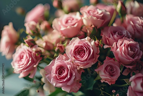 Bouquet of fresh pink roses flowers in the vase with gift box.