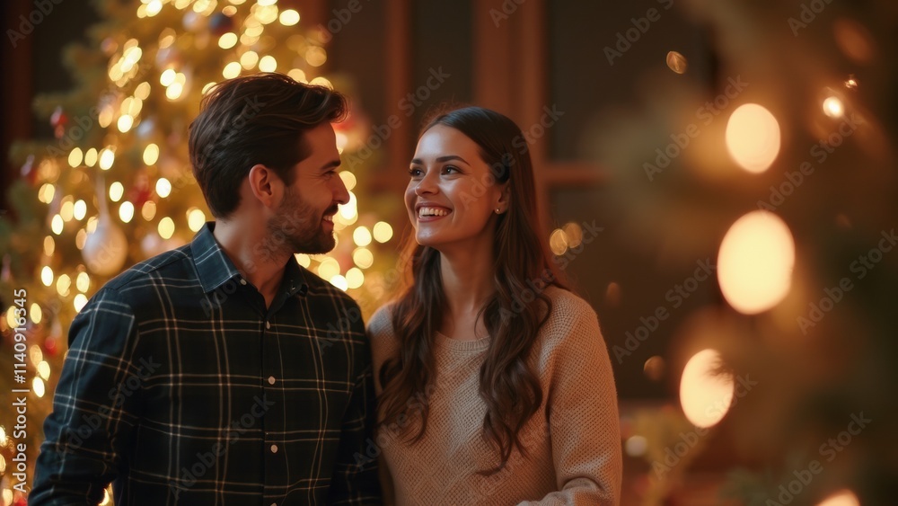 Couple Sharing Joyful Moments by the Christmas Tree During Festive Celebrations