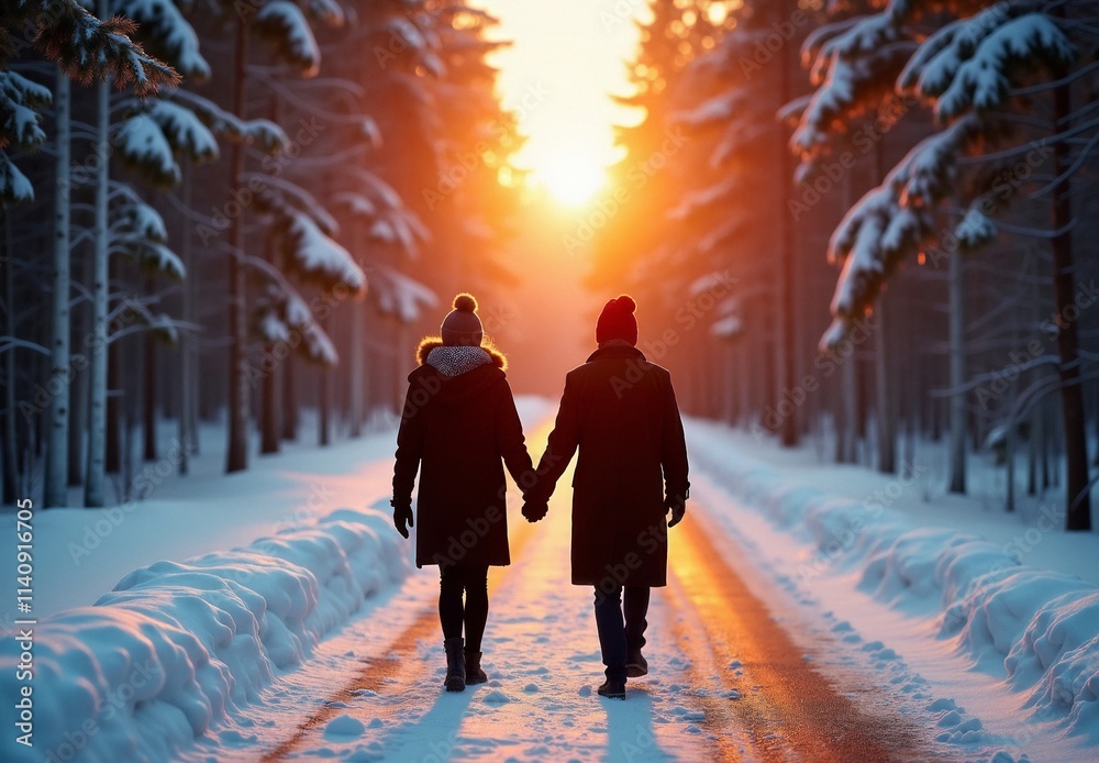 A man and a woman walking down a snow covered road. A man and a woman walking down a snow covered road.