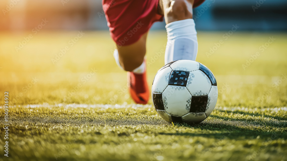 Fototapeta premium Dynamic Soccer Training: Fast Player Kicking the Ball at a Dramatic Stadium