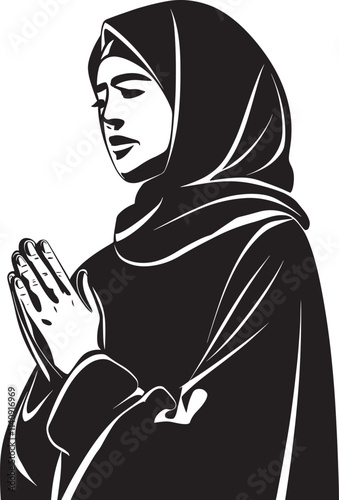 A black silhouette of a woman wearing a hijab with hands clasped in prayer vector with white background, person praying in the church, women praying in prayer