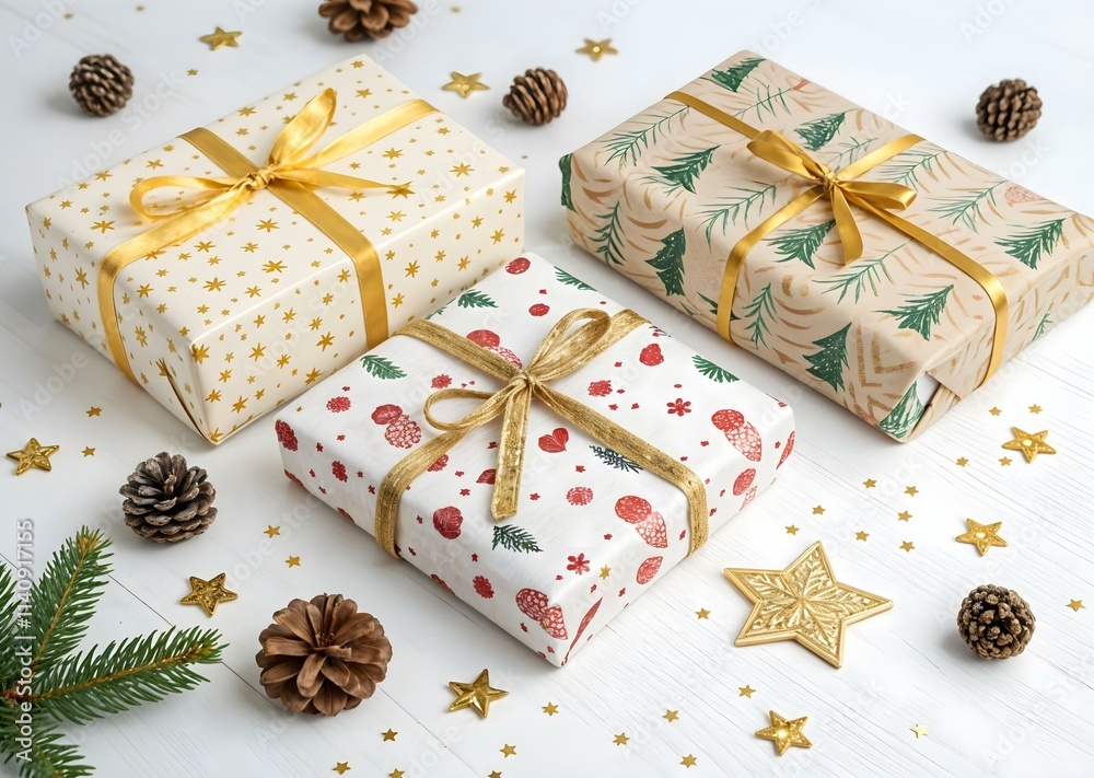 Festive Christmas gift boxes wrapped in elegant paper with gold ribbons. Decorative pinecones, stars, and fir branches create a cozy holiday atmosphere. Festive Christmas gift boxes wrapped in elegant paper with gold ribbons. Decorative pinecones, stars, and fir branches create a cozy holiday atmosphere.