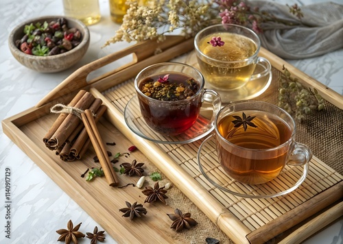 Selection of herbal teas served in glass cups on a bamboo tray with cinnamon sticks, star anise, and decorative flowers. A cozy and aromatic tea setup perfect for relaxation, wellness. photo