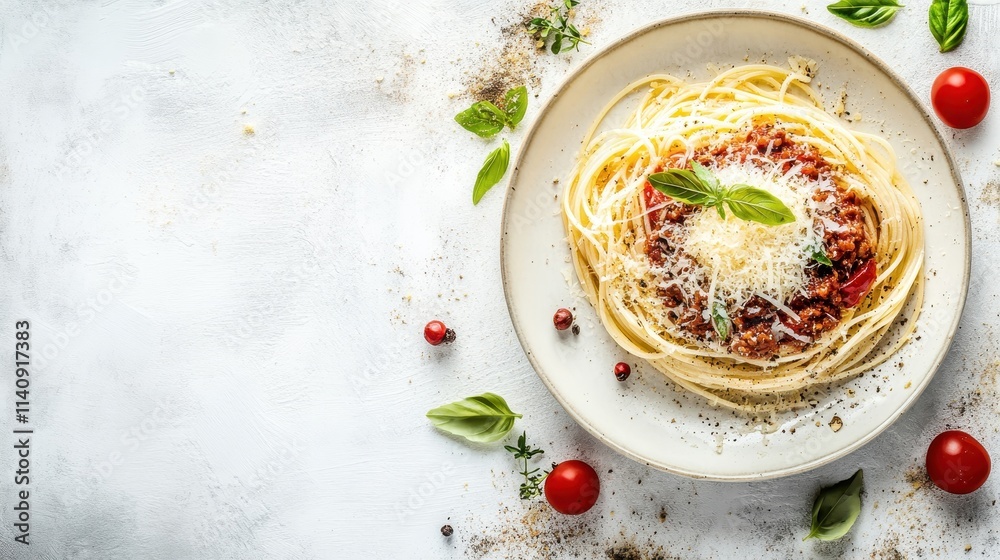 Elegant Spaghetti Bolognese Presentation on White Plate Elegant Spaghetti Bolognese Presentation on White Plate