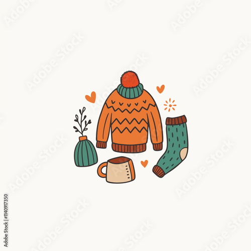 Set of cozy autumnal sweaters, scarves, socks, and warm accessories. Fall clothes kit. vector cartoon illustration isolated on white background