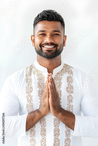 Smiling Man in Traditional White Sri Lankan Outfit with Hands in Namaste Gesture. Ayubowan photo
