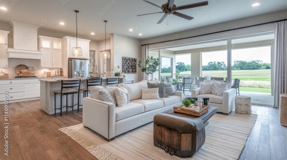Modern farmhouse living room with open kitchen, hardwood floors, and sliding glass doors leading to a patio and green field. Modern farmhouse living room with open kitchen, hardwood floors, and sliding glass doors leading to a patio and green field.