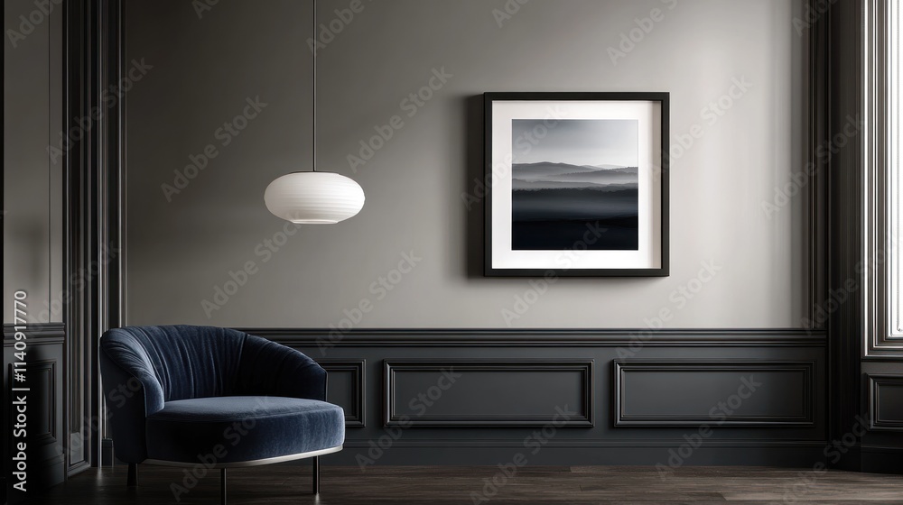 Fototapeta premium Serene Mountain Landscape in a Dark Modern Interior