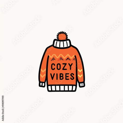 cozy winter outfit. knitted sweater, woolen hat, and fur boots with Cozy Vibes inscription. Yellow knitwear set, vector cartoon illustration isolated on white background