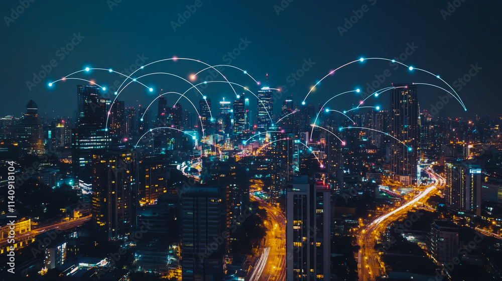 Obraz premium Smart digital city with connection cyber security network reciprocity over the cityscape . future smart wireless digital city and social media networking systems that connects people within the city