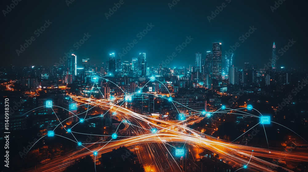 Fototapeta premium Smart digital city with connection cyber security network reciprocity over the cityscape . future smart wireless digital city and social media networking systems that connects people within the city