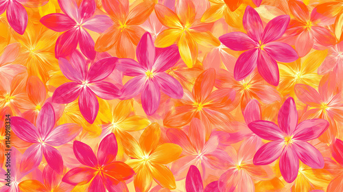 A colorful floral pattern with a tropical vibe. the flowers are bright and vibrant, with a mix of pink, orange, and yellow hues. the leaves are also colorful. Floral. Illustration