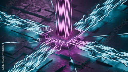 Abstract hardware and software background. Circuit board Chip processor, Mainboard and code programmer. Hi-tech computer engineer. Cyberpunk tech and database coding. Blue and purple neon light effect