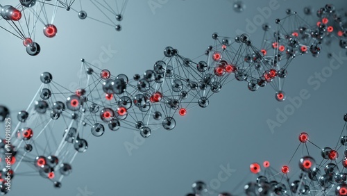 Red molecular structure, 3d model molecule, Neurotransmitter, Structural atom chemical formula view from a microscope