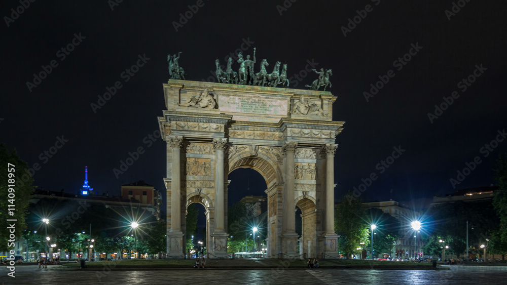 Arch of Peace in Simplon Square timelapse hyperlapse at night. It is a neoclassical triumph arch Arch of Peace in Simplon Square timelapse hyperlapse at night. It is a neoclassical triumph arch