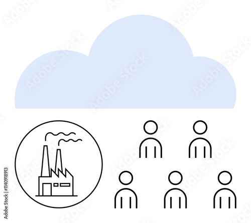 Factory emits smoke under a large cloud, with six people silhouettes below. Ideal for illustrating environmental pollution, community impact, industrialization, air quality, health issues, societal