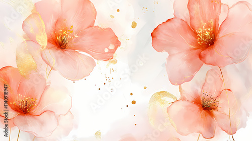 Fototapeta Naklejka Na Ścianę i Meble -  Abstract floral art background. botanical watercolour hand painted pastel pink and gold flowers on white background. ai generated. Floral. Illustration