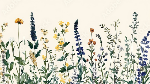 An illustration of wild flowers and herbs in a seamless floral pattern. modern vintage illustration. Floral. Illustration photo