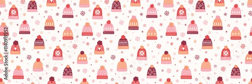 Colourful seamless pattern with winter hats in cartoon style. Banner. Vector illustration