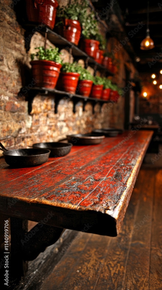 Rustic wooden table with cast iron pans and potted plants on a brick wall. Rustic wooden table with cast iron pans and potted plants on a brick wall.