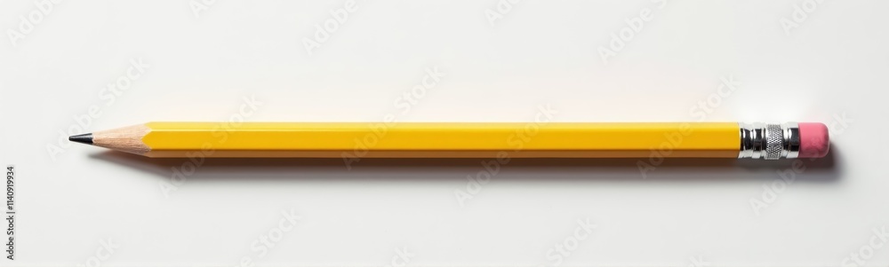 Clean minimalist classic yellow wooden pencil with pink eraser and metal band, casting subtle shadow on light gray background. Sharp details highlight craftsmanship. Overhead shot.

