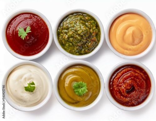 Wallpaper Mural six different dipping sauces in small white bowls top view isolated cutout on white background Torontodigital.ca