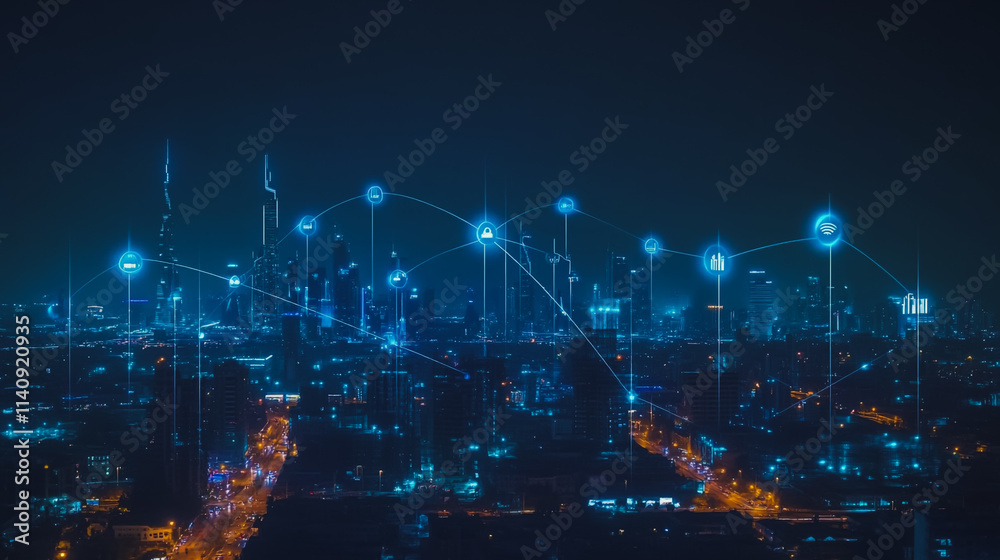 Fototapeta premium Smart digital city with connection cyber security network reciprocity over the cityscape . future smart wireless digital city and social media networking systems that connects people within the city