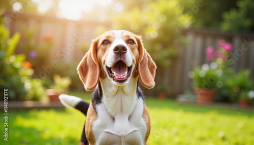 Happy beagle dog sitting in backyard with bright flowers