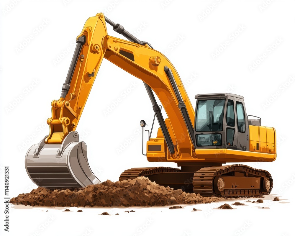 A vibrant yellow excavator digging into a mound of dirt, showcasing heavy machinery at work. A vibrant yellow excavator digging into a mound of dirt, showcasing heavy machinery at work.